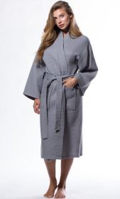 Womens Long Waffle Kimono Lightweight Cotton Robe, Hotel Spa Bathrobe for Women  - Adult - Unisex (Color: GRAY, size: One Size)