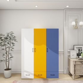 Doors Bedroom Armoire Wardrobe Closet Cabinet, Wardrobe Closet with Hanging Rod, Wood Closet Wardrobe for Large Storage (Color: Yellow+Blue+White)